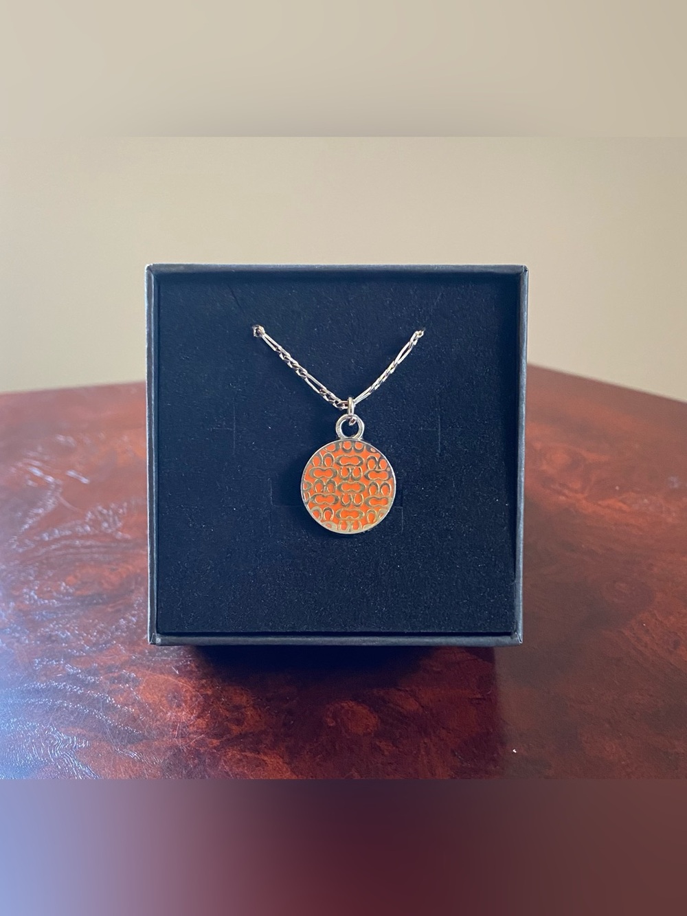 COACH Orange Enamel Round Signature Pendant .925 Sterling Silver Necklace